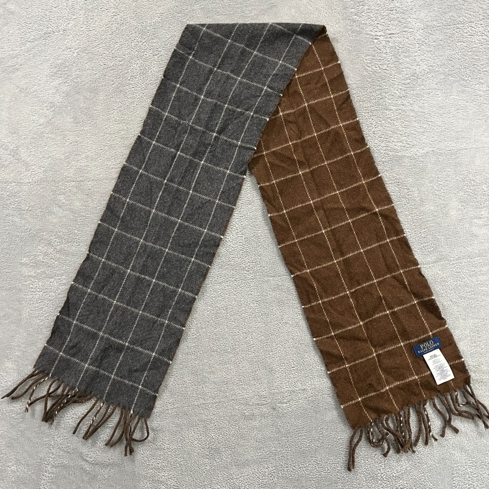 Polo Ralph Lauren Scarf Wool Plaid Italy‎ Brown Gray Plaid Fringes Old Money